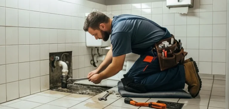 Professional commercial plumbing service expert at work.