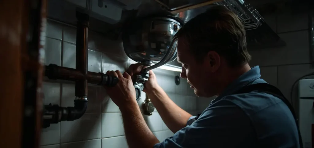 Professional local commercial plumbing technician at work.